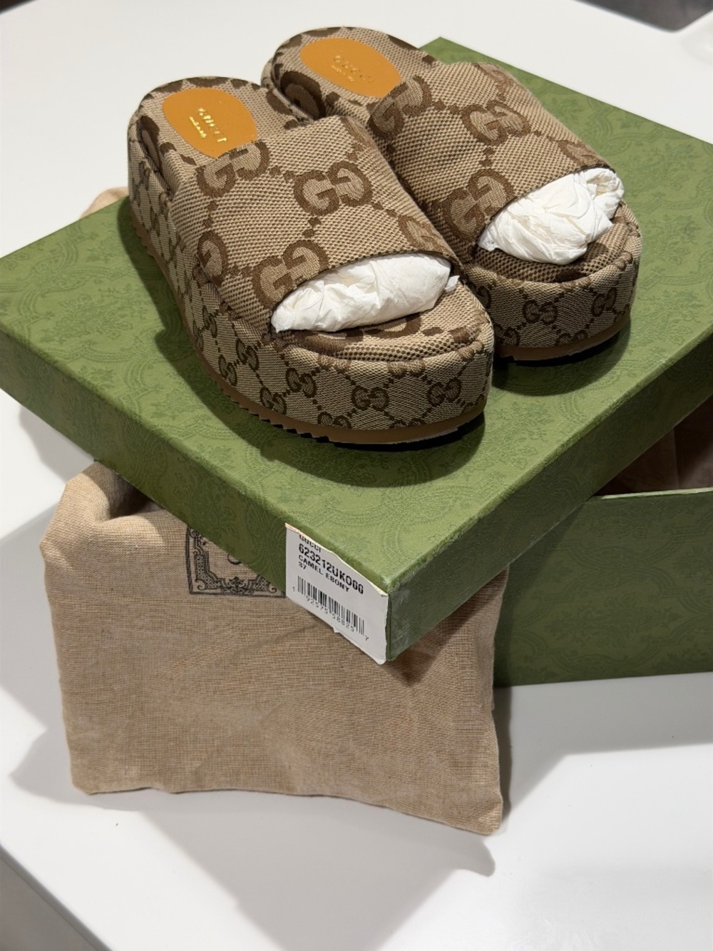 Gucci Beige and Brown GG Canvas Platform Slides